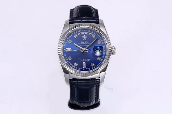 View 1 of 一比一 Rolex 總統表藍盤鑽刻度鋼殼皮帶星期日历高仿腕錶