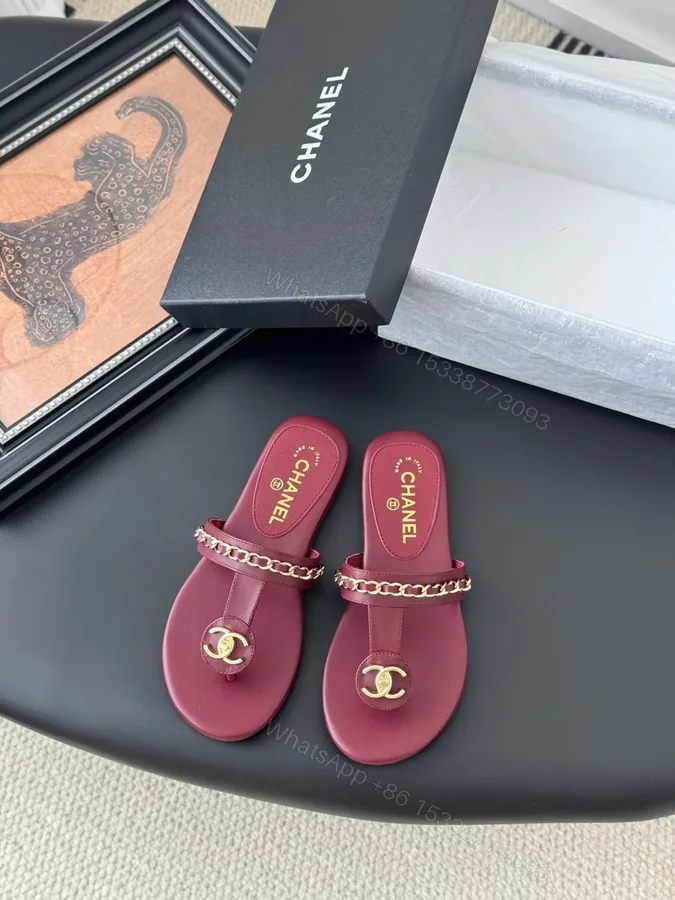 View 1 of Chanel Women Burgundy Leather Chain Detail Slides