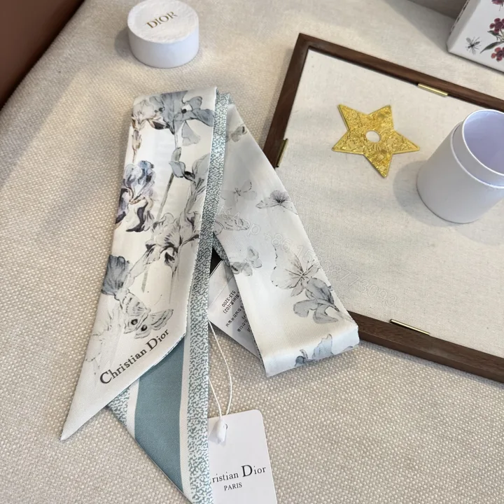 View 1 of Dior高仿藍灰花卉印花雙面絲巾緞帶髮飾