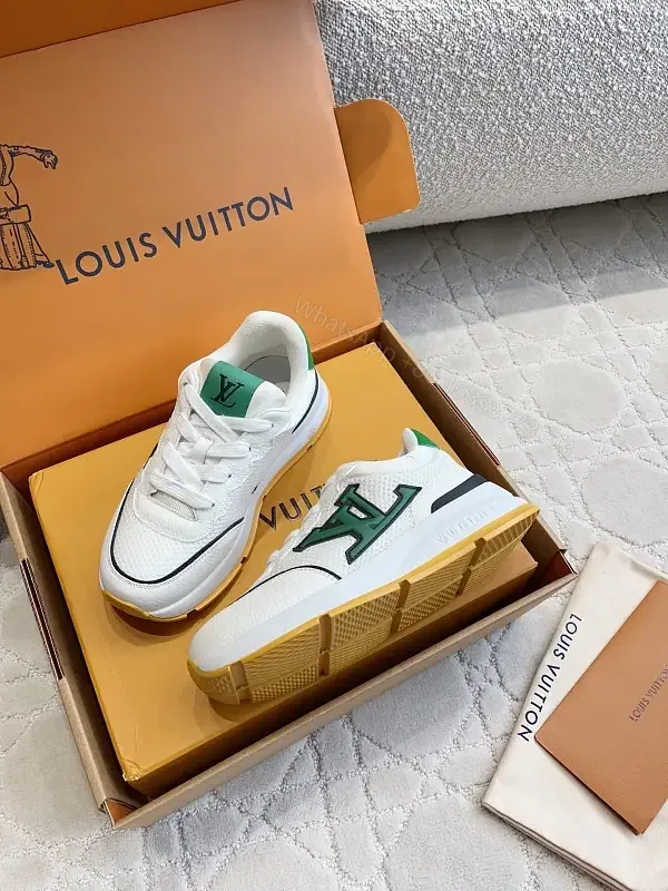 View 1 of Green Logo Knit White Leather Sneakers Lightweight Comfort Louis Vuitton Shoes
