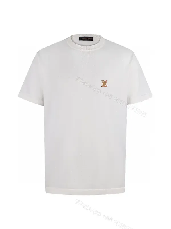 View 1 of White Jersey Short-Sleeve Crewneck T-Shirt with Gold LV Chest Logo