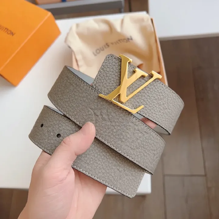 View 1 of Gray Leather Belt with Gold Buckle - Refined Style Accessory