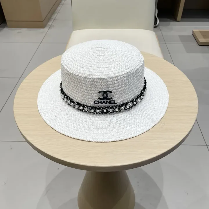 View 1 of White Straw Hat - Braided Texture, Chain Detail, Wide Brim