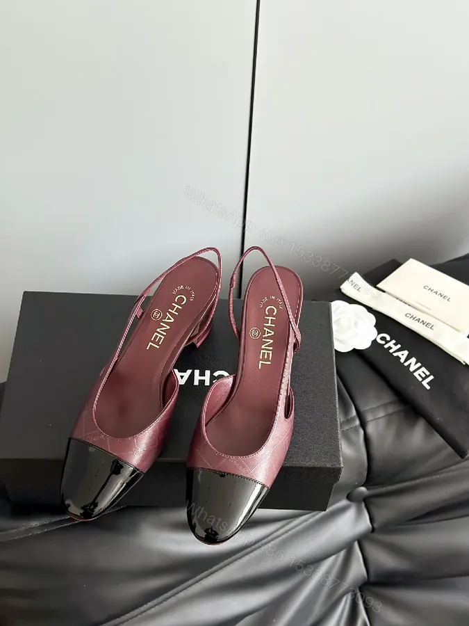 View 1 of Wine Satin Mule Pumps with Patent Cap Toe, Slip-On Style
