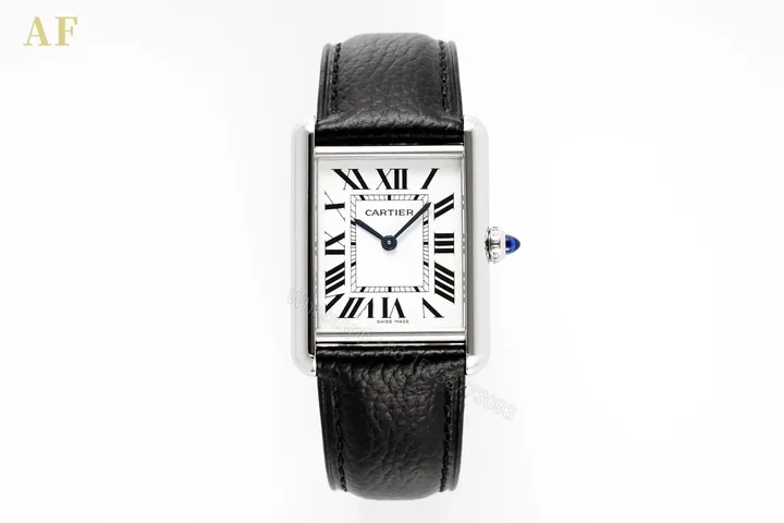 View 1 of BV Factory Cartier Tank Solo Quartz Watch – Silver Case, Black Leather Strap, White Dial, Blue Hands