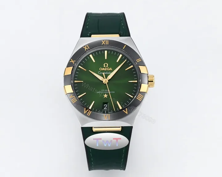 View 1 of Omega Constellation Meteorite Series 5th Generation Watch 41MM Green Dial with Gold Numerals Stainless Steel and Ceramic Case Green Leather Strap