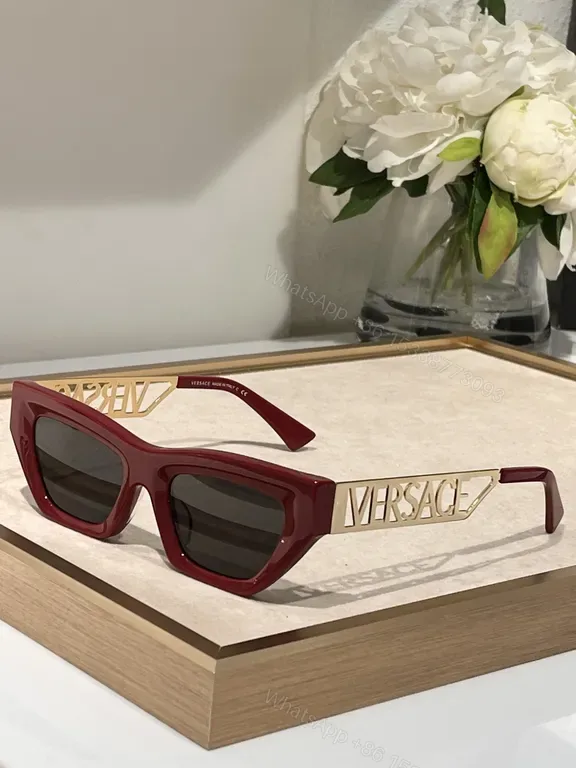 View 1 of Bold Red Frame Sunglasses with Gold Logo Temples, Versace Style