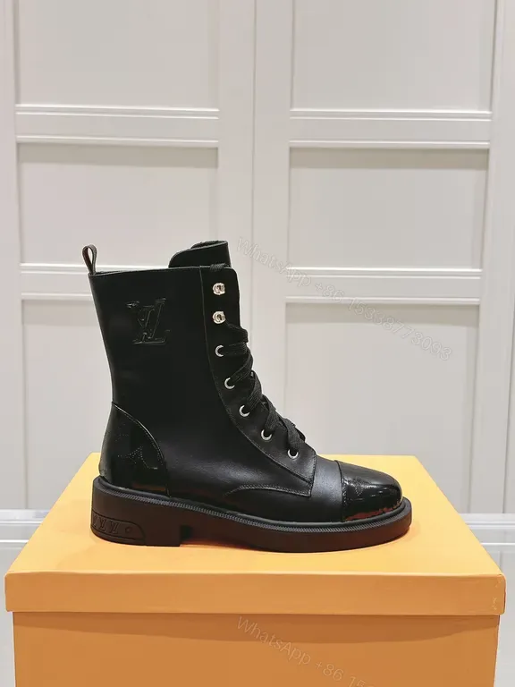 View 1 of Glossy Black Combat Boot - Louis Vuitton-Inspired Detailing, All-Day Comfort
