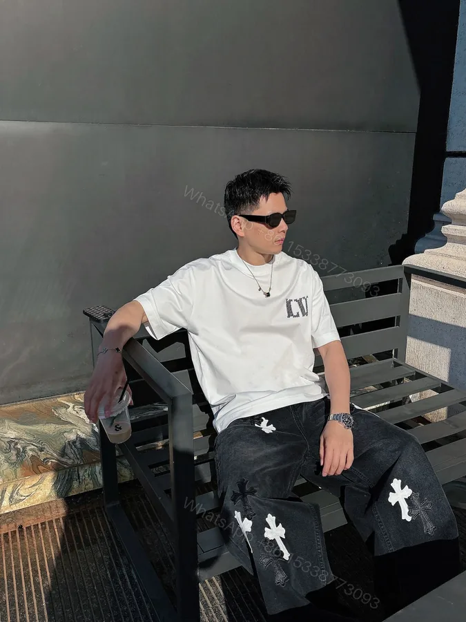 View 1 of LV A貨白色刺繡LOGO短袖T恤純棉潮流簡約百搭男裝