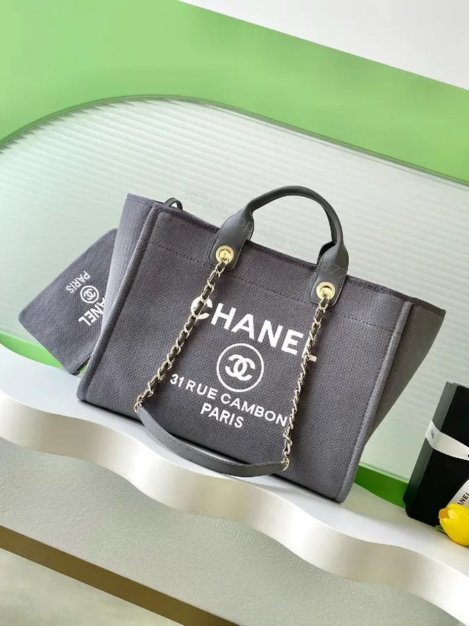 View 1 of Charcoal Canvas Tote: Leather Handles, Chain Accent, Structured Designer-Inspired Tote