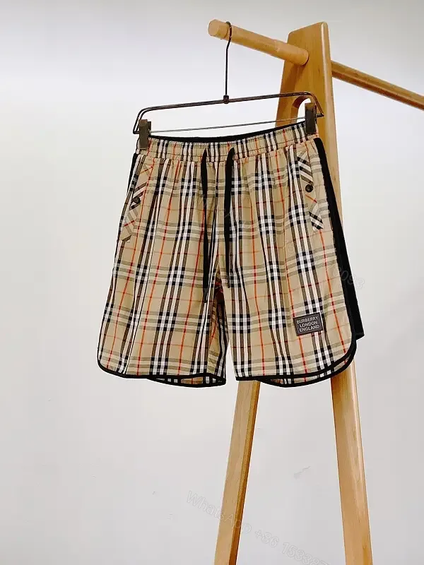 View 1 of Beige Plaid Cotton Sport Shorts with Pockets