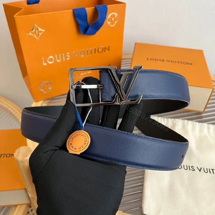 View 1 of Blue Leather Belt with Signature Buckle - Modern Luxury Accessory