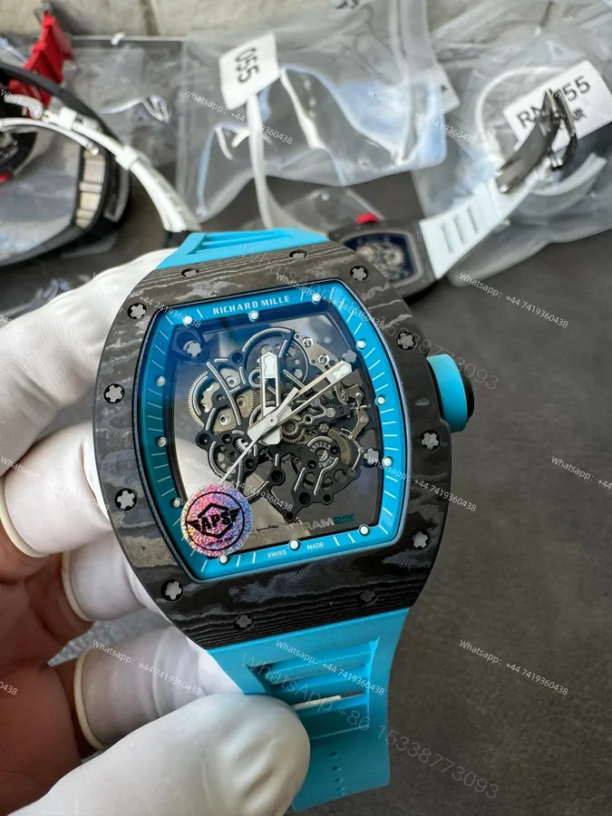 View 1 of Super Clone Richard Mille RM 055 Carbon TPT Blue Rubber Strap 1:1 Replica Watch