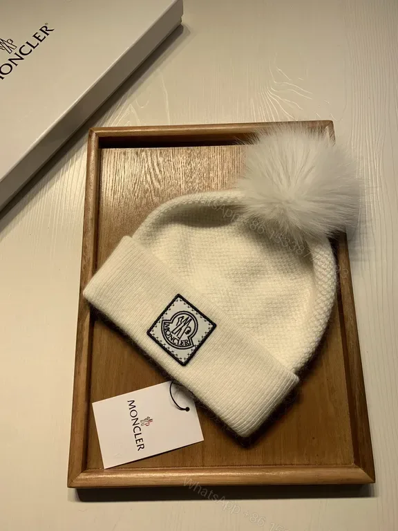 View 1 of Chic White Knit Beanie with Faux Fur Pom-Pom, Moncler Style