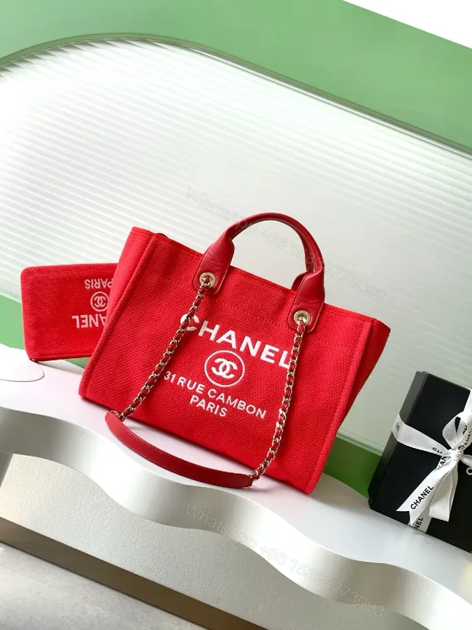 View 1 of Bold Red Canvas Tote with Logo & Chain Detailing