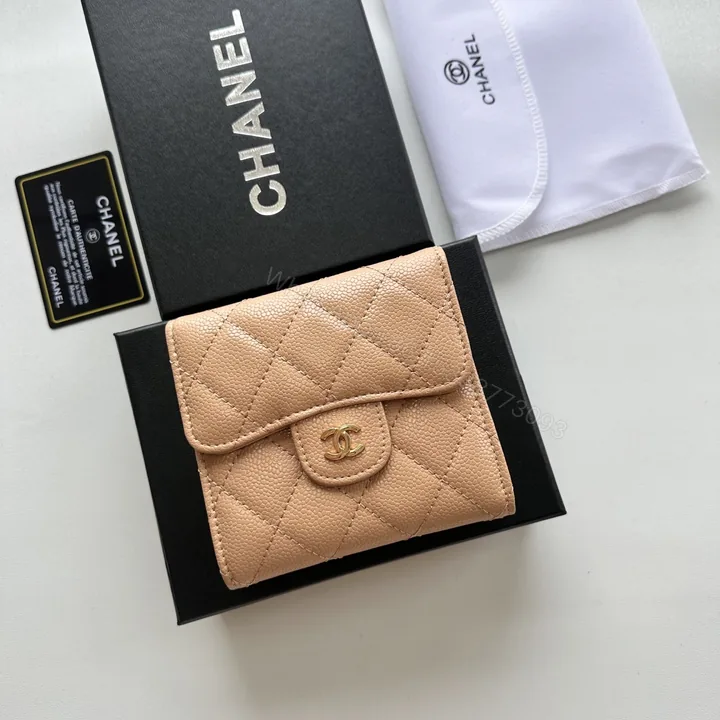 View 1 of CHANEL A貨三折短夾 卡其膚菱格荔枝皮 小資輕奢百搭首選