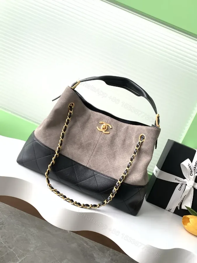 View 1 of Two-Tone Quilted Tote with Gold Chain Strap: Everyday Luxe Bag