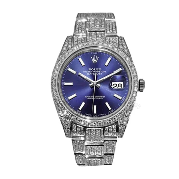 View 1 of Rolex Datejust 41 126300 Super Clone : Iced Out Diamond Bezel Blue Dial