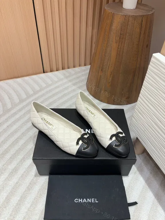 View 1 of Chanel-Style Quilted Two-Tone Flats with Logo