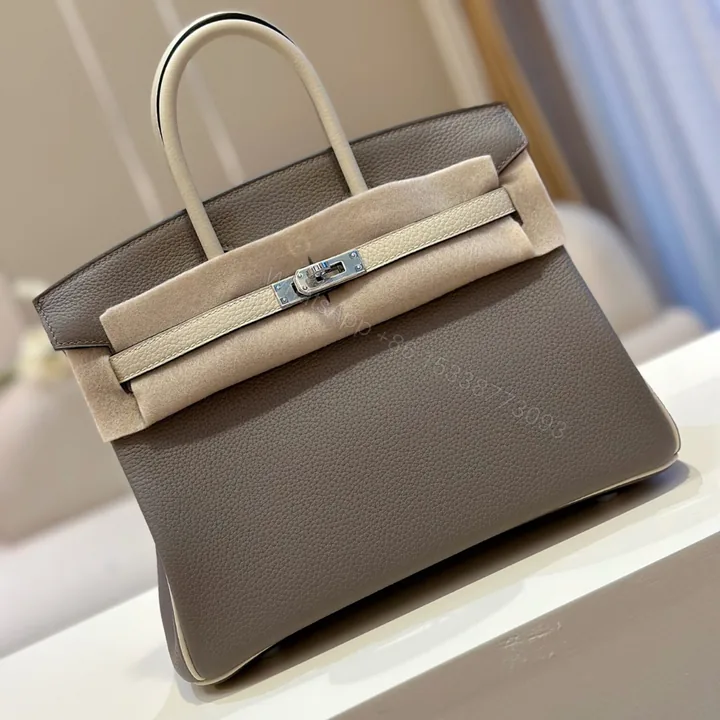 View 1 of Hermes Birkin 25 Gray/Beige Customize Palladium Hardware