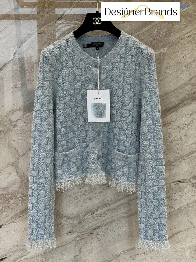 View 1 of Bouclé Bluish-Gray Cardigan Jacket: Luxe Texture & Comfort