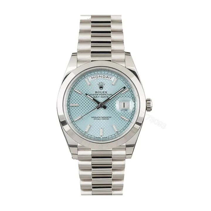 View 1 of Rolex Day-Date 228206 Super Clone: 40mm Platinum Presidential with Ice Blue Baguette Diamond Dial
