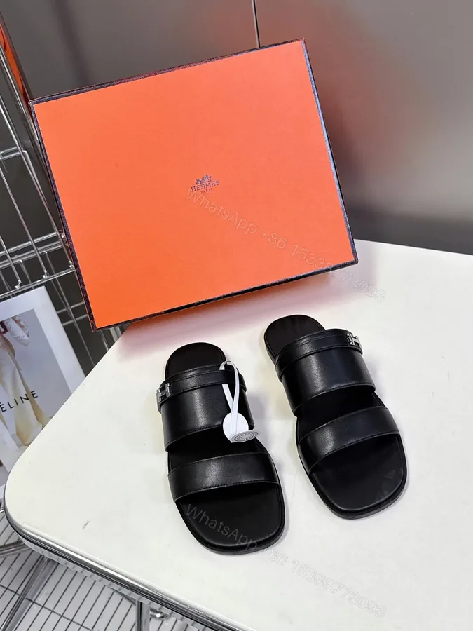 View 1 of Hermes Women Black Leather Flat Sandals