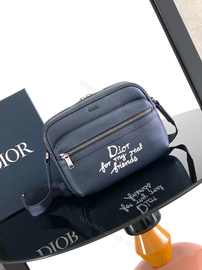View 1 of Navy Leather Compact Messenger Bag: Mini Dior-Influenced Style