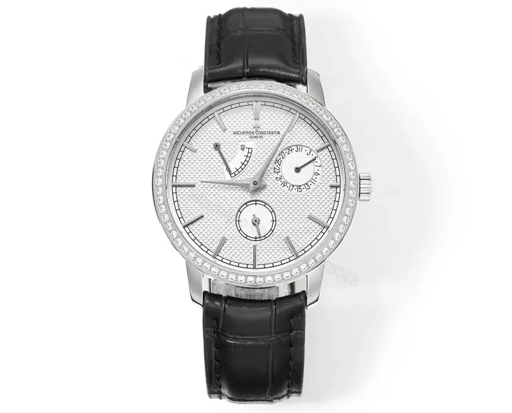View 1 of 8F Factory Vacheron Constantin Traditionnelle Mechanical Watch 83520/000R-9909 – Silver Dial, Black Leather Strap, 40mm Case, Automatic Movement with Power Reserve, Day, Date, and Small Seconds Display