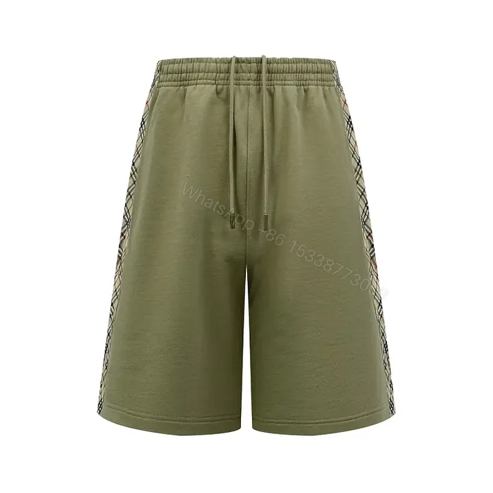 View 1 of Olive Cotton Drawstring Shorts with Plaid Side Stripes