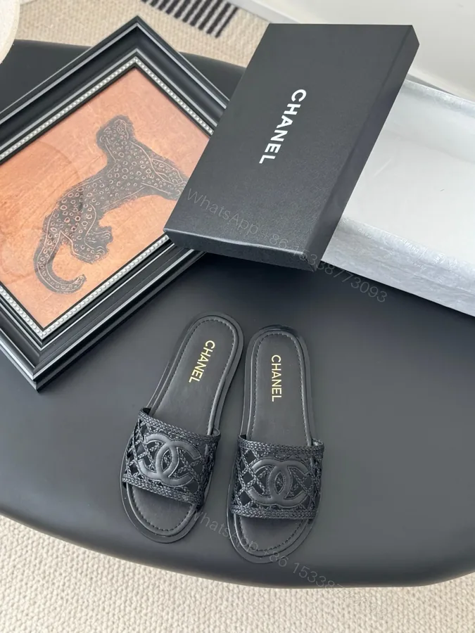 View 1 of Chanel Women Black Leather Logo Slide Sandals