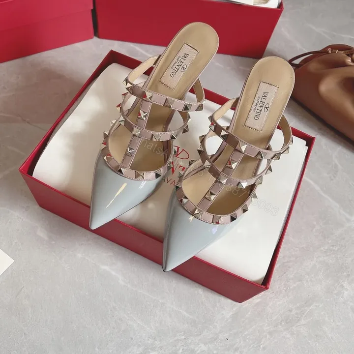 View 1 of Valentino Women Light Blue Patent Leather Studded Mules
