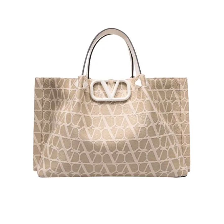 View 1 of VALENTINO GARAVANI VLOGO EMBROIDERED RAFFIA TOTE BEIGE 35CM