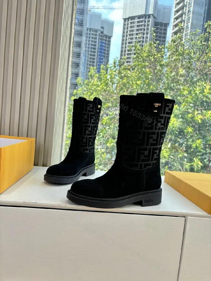 View 1 of Black Suede Boots with Monogram Pattern Mid-Calf Luxe Comfort