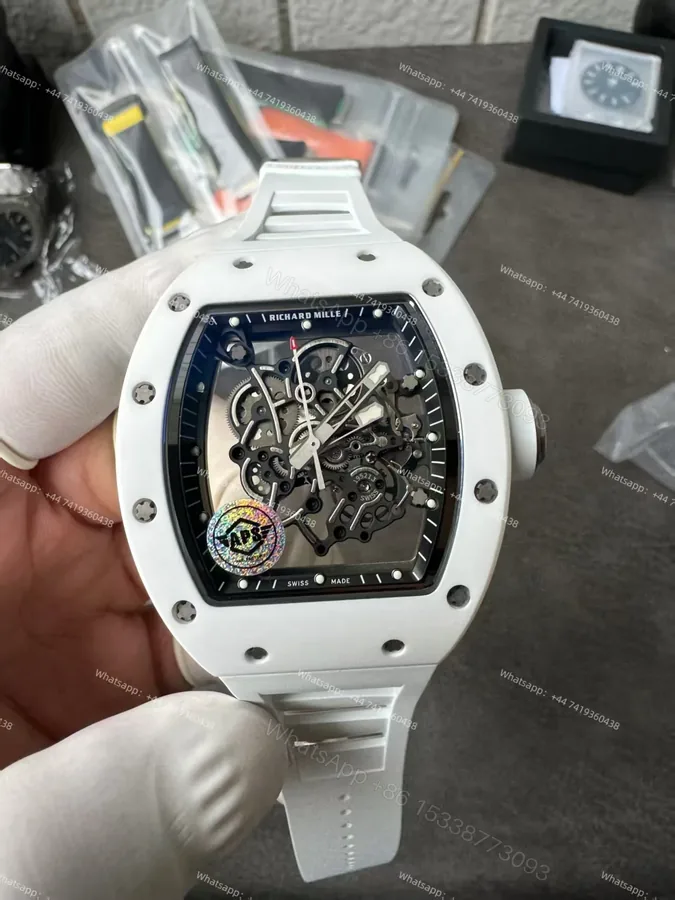 View 1 of Super Clone Richard Mille RM 055 White Ceramic Titanium Skeleton White Rubber Strap 1:1 Replica Watch