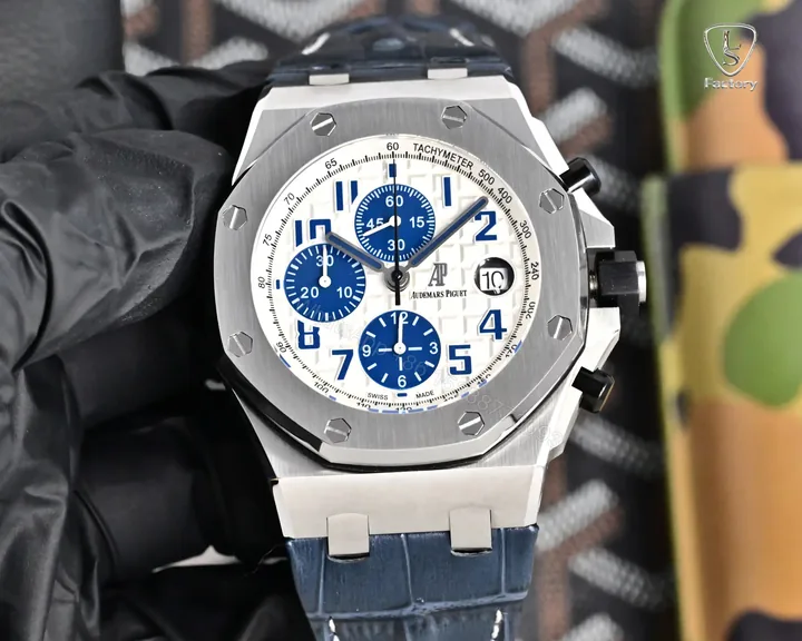 View 1 of Audemars Piguet Royal Oak Offshore 26470 Watch 42MM Stainless Steel Case White Dial Blue Leather Strap Ultimate Edition AP-ROO-26470-SS-WHT-BLU-42