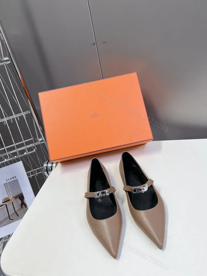 View 1 of Hermes Women Beige Leather Pointed Strap Flats
