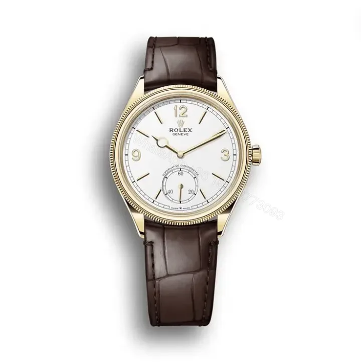 View 1 of Replica Rolex 1908: 39 mm, yellow gold with an alligator leather strap
