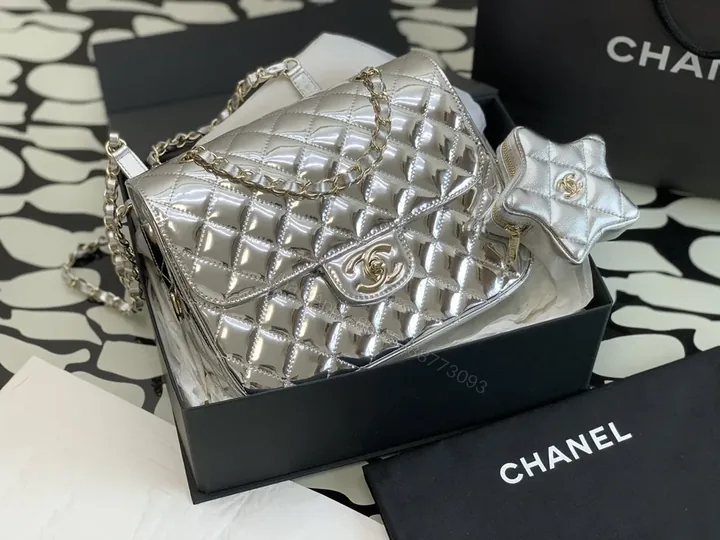 View 1 of Shimmer Quilted Chain Bag â€“ Silver Metallic, Luxe Chanel-Inspired Style