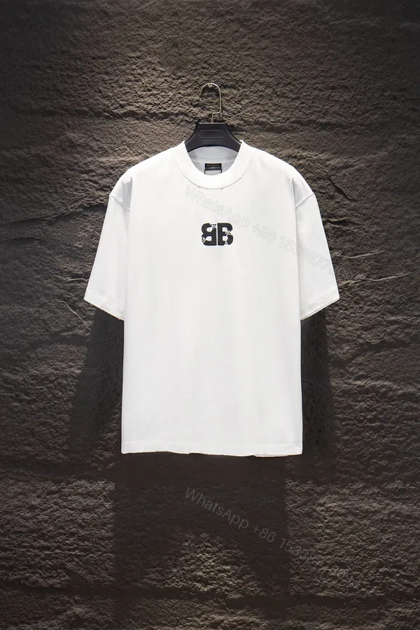 View 1 of Balenciaga 高仿 男款 BB水鑽Logo短袖T恤 白色時尚潮流