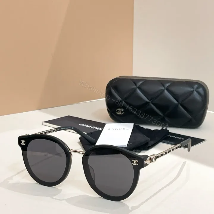 View 1 of Classic Black Round Sunglasses with Chain Detail, Luxe Acetate, Everyday Wear