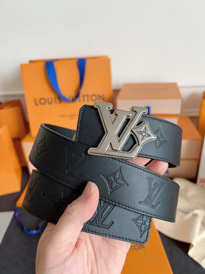 View 1 of Lux Black Leather Belt with LV Monogram & Silver Buckle