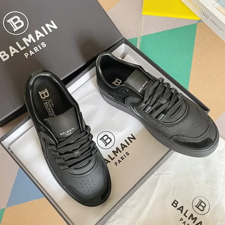 View 1 of Monochrome Mastery: Black Leather Balmain Sneaker, Luxury Casual