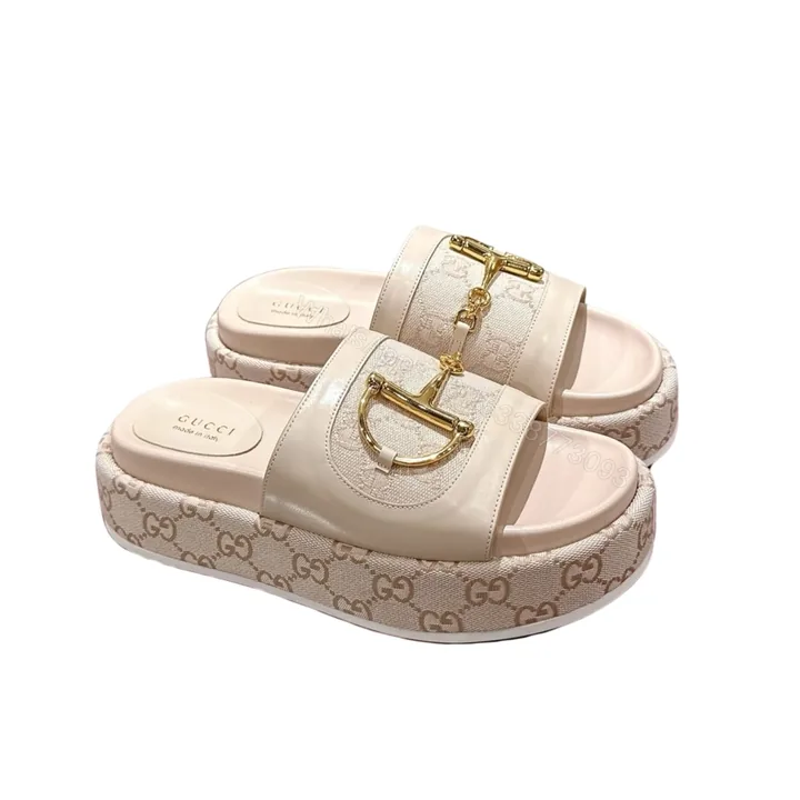 View 1 of GUCCI WOMEN’S PLATFORM SLIDES WITH HORSEBIT BEIGE