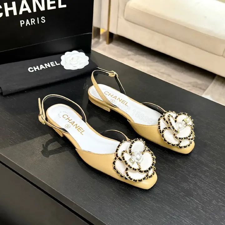 View 1 of Beige Leather Slingbacks with Pearl Embellishment – Low Heel