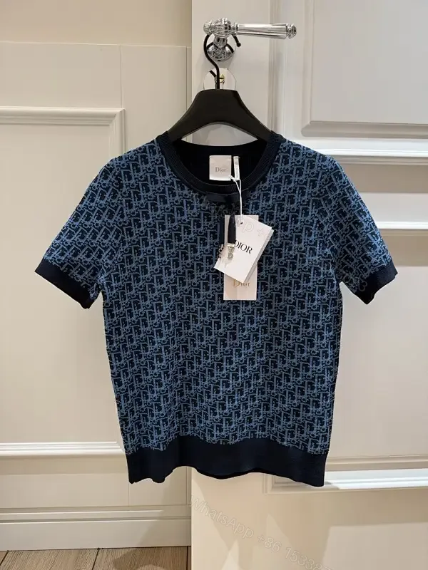 View 1 of Blue Knit Texture Monogram Top, Modern Comfort, Unisex Knitwear