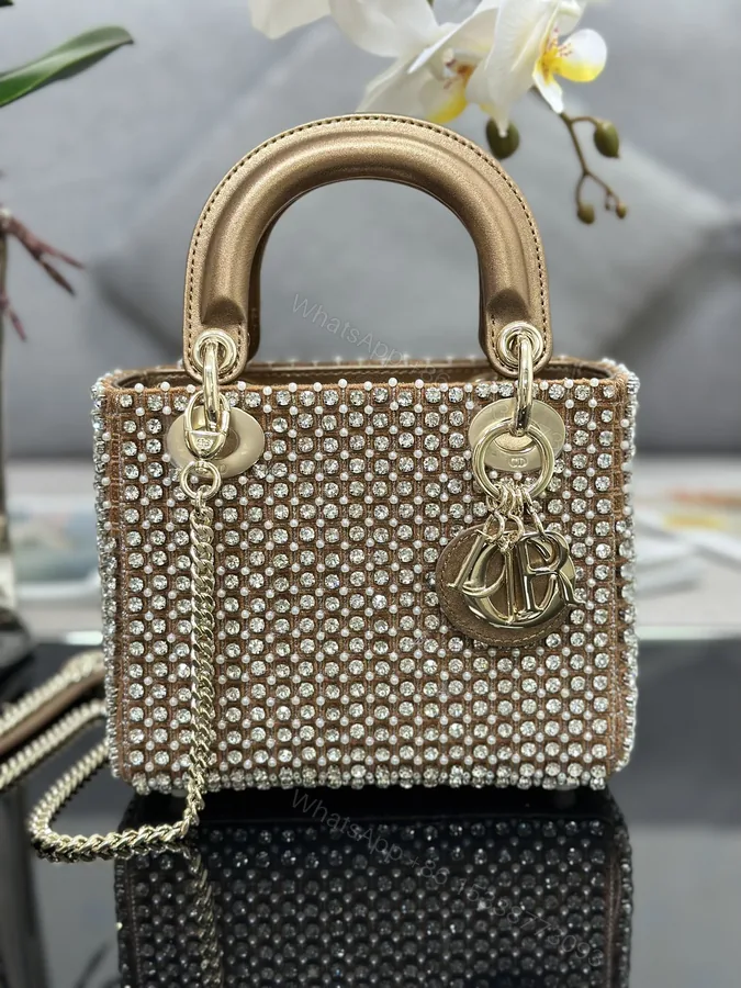 View 1 of Dior 一比一 女款 Lady 滿鑽珍珠手提包 高級名媛款