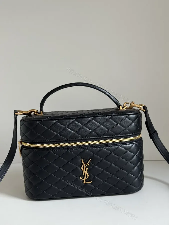 View 1 of Quilted Crossbody Bag: Black Leather, Gold-Detail, Compact Luxe