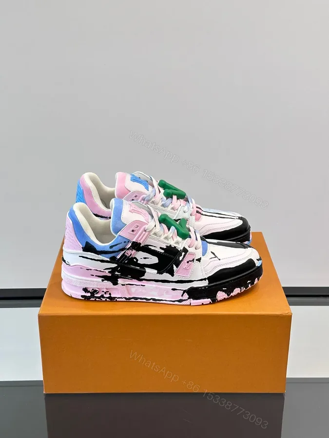 View 1 of LV Men White Pink Blue Leather Sneakers