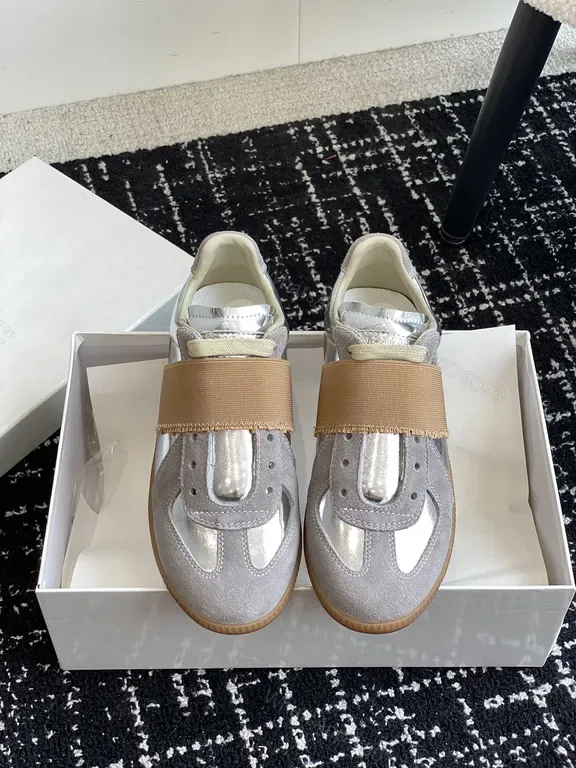 View 1 of Silver Grey Suede Sneakers with Brown Strap – Margiela-inspired, Metallic Accent